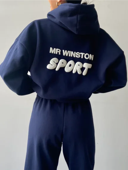 Mr. Winston Navy Puff Hoodie - A stylish and cozy navy blue hoodie featuring the iconic Mr. Winston logo and a warm puff design for ultimate comfort.